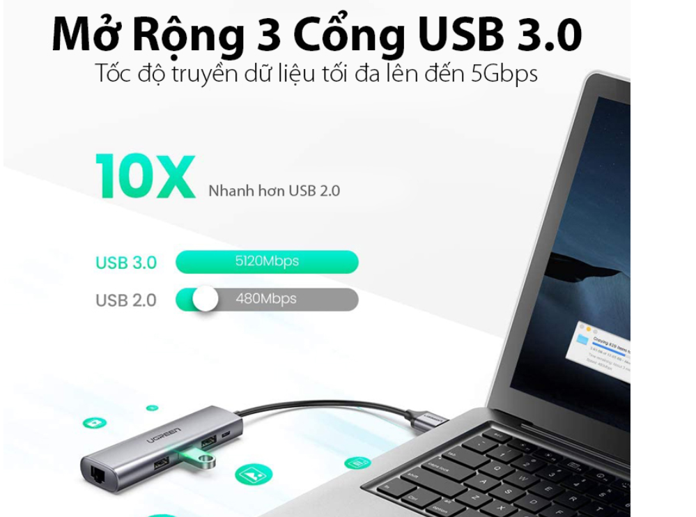Hub usb 3.0 ra 3 cổng + RJ45 Gigabit Ethernet nguồn micro usb 20CM màu xám Ugreen 266HUB60812CM Hàng chính hãng