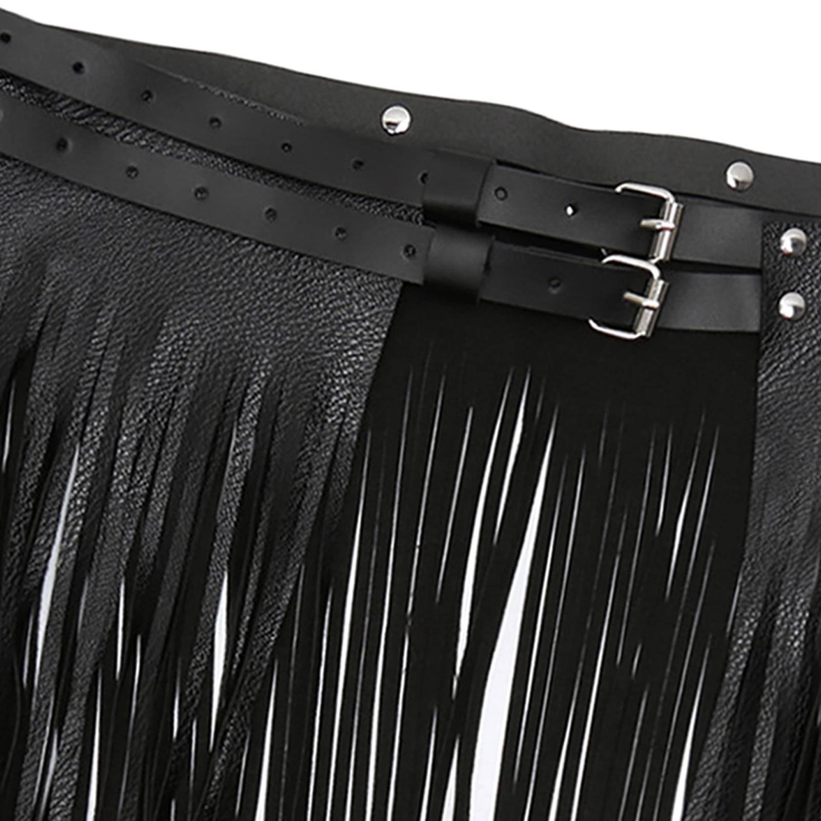 Women Punk Gothic Faux Leather Fringe Tassel Skirt Belt Clubwear Dance Dress