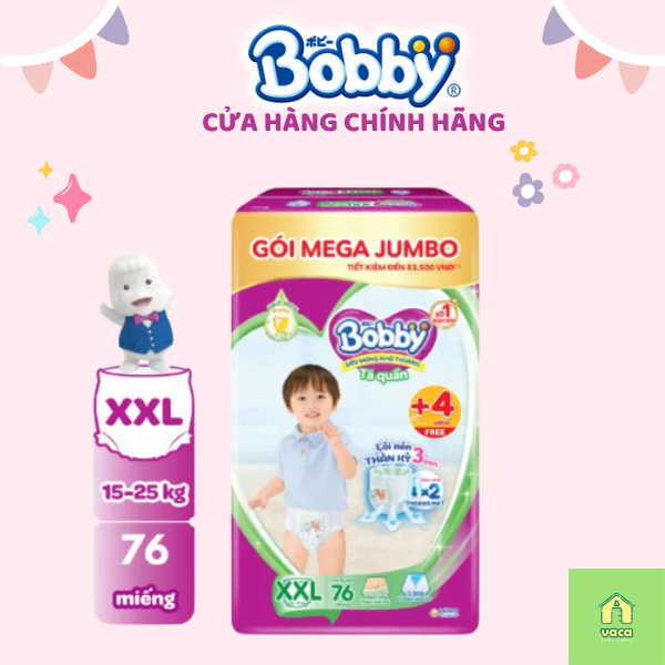 (Tặng 4 miếng) Tã bỉm quần Bobby Mega Jumbo size M112+4/ L96+4/ XL84+4/ XXL76+4