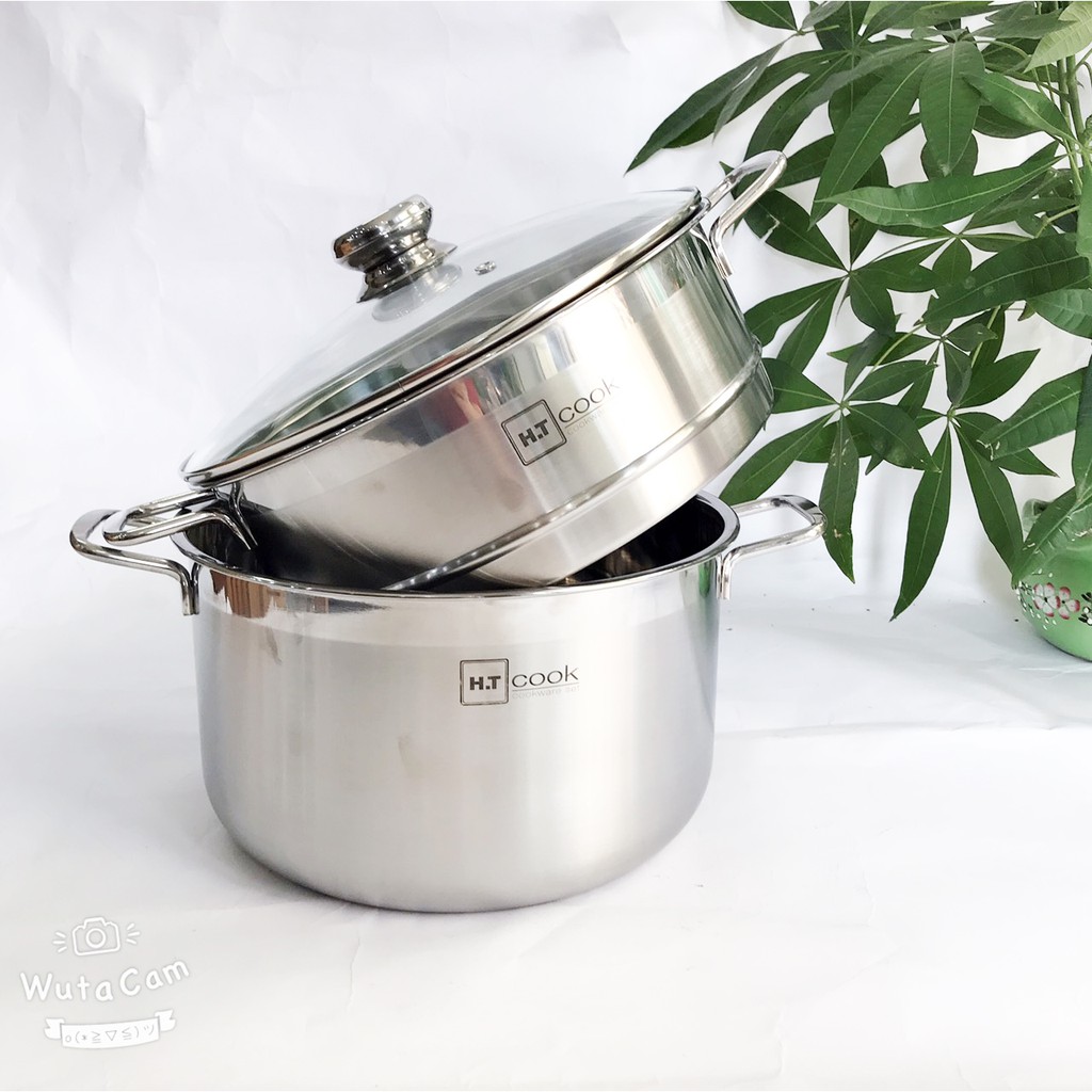 Bộ nồi xửng hấp 1 đáy từ inox 430 H.T cook nắp kính 28cm , tặng 2 vá canh