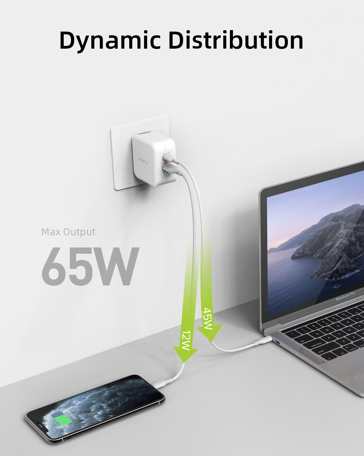 Adapter Sạc 2 Cổng 65W Innostyle GAN ZENI Tích Hợp Cổng USB Type-C Hỗ Trợ Sạc Nhanh Power Delivery PD 65W - Hàng Chính Hãng