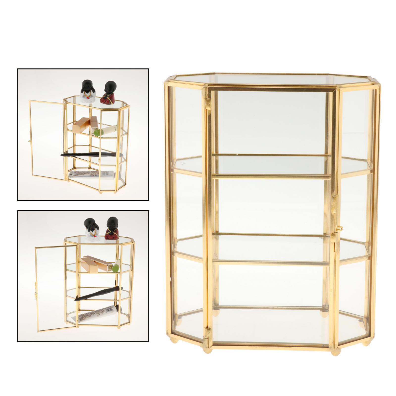 Golden Vintage Octagon Glass Jewelry Box Display Case Organizer for Trinkets, Necklace, Ring, Diamond, Flower 6.7"x4"x8.3"