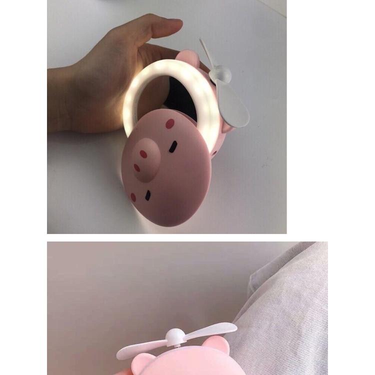 Quạt theo gương 3in1 hình GẤU- HEO hồng - quạt, gương, đèn cute tiện lợi
