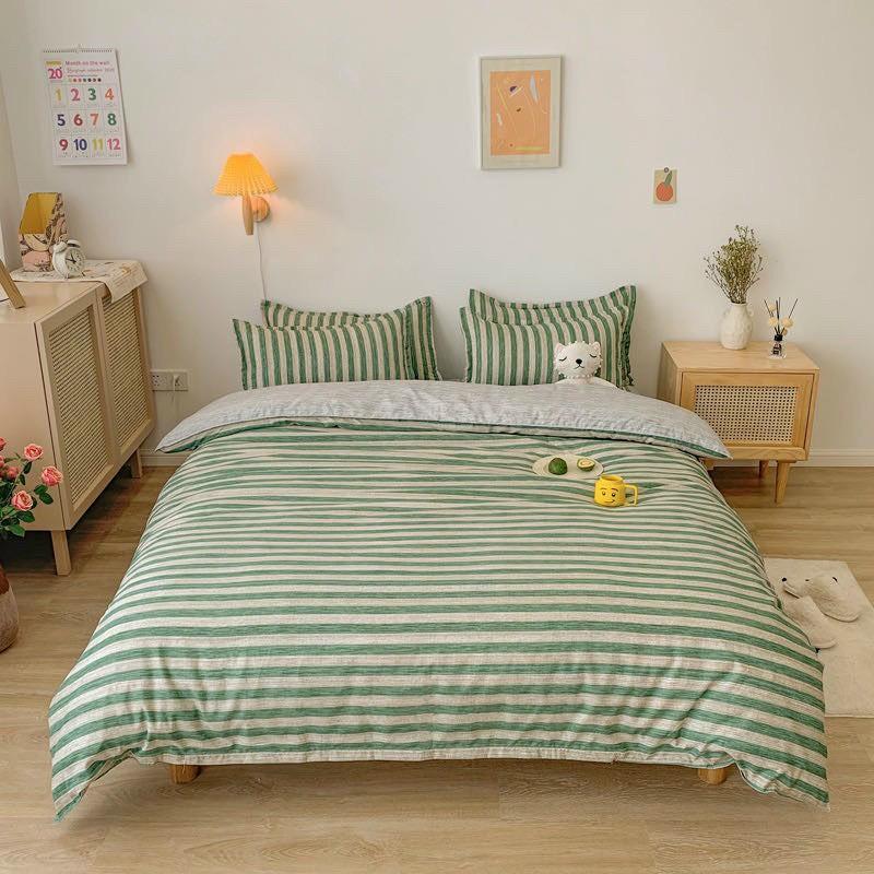 Bộ chăn ga gối Coton poly M2T bedding xanh lá sọc, vỏ chăn mền, drap giường và 2 vỏ gối