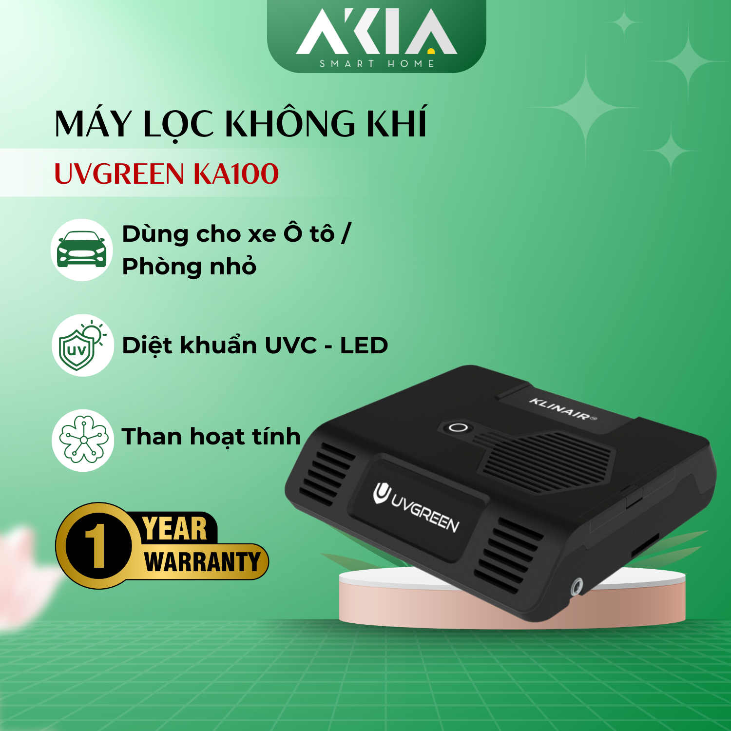 Máy Lọc Không Khí Diệt Khuẩn Ô Tô UVGREEN KA100 - Khử Mùi, Lọc Bụi, Lõi Than Hoạt Tính - Hàng chính hãng