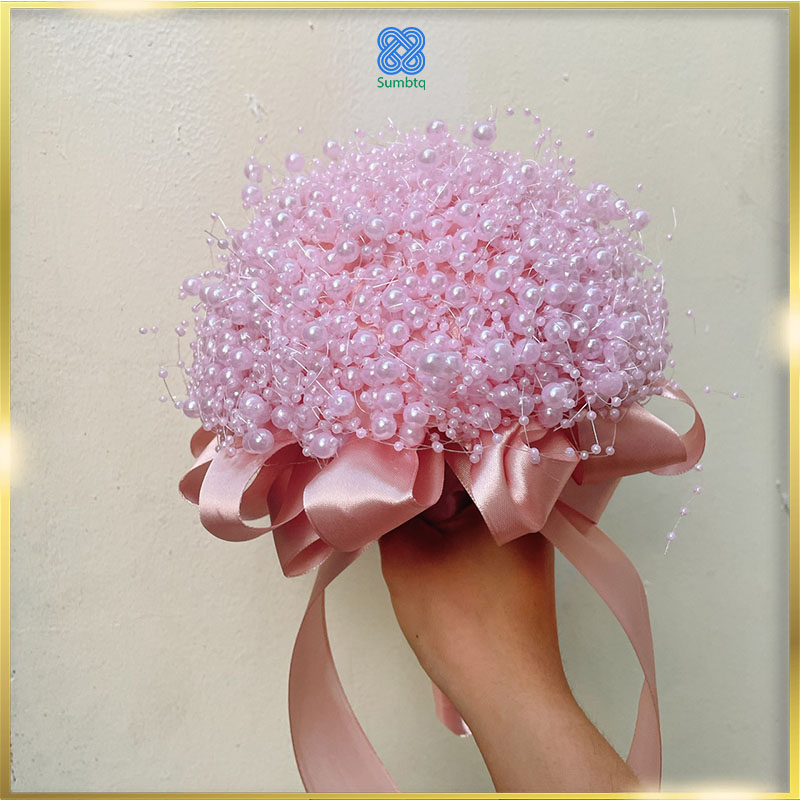 Hoa cô dâu kết cườm ruy băng hồng xinh tươi