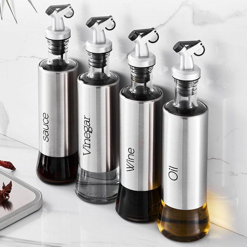 Chai Đựng Dầu Ăn, Nước Mắm, Gia Vị Thuỷ Tinh Bọc Inox Cao Cấp 300ml - Chiết Rót Chống Tràn