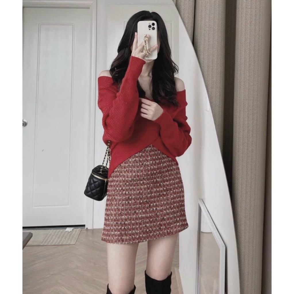 Set 2 món đỏ chân váy dạ ngắn phối áo dắp chéo tay dài phong cách