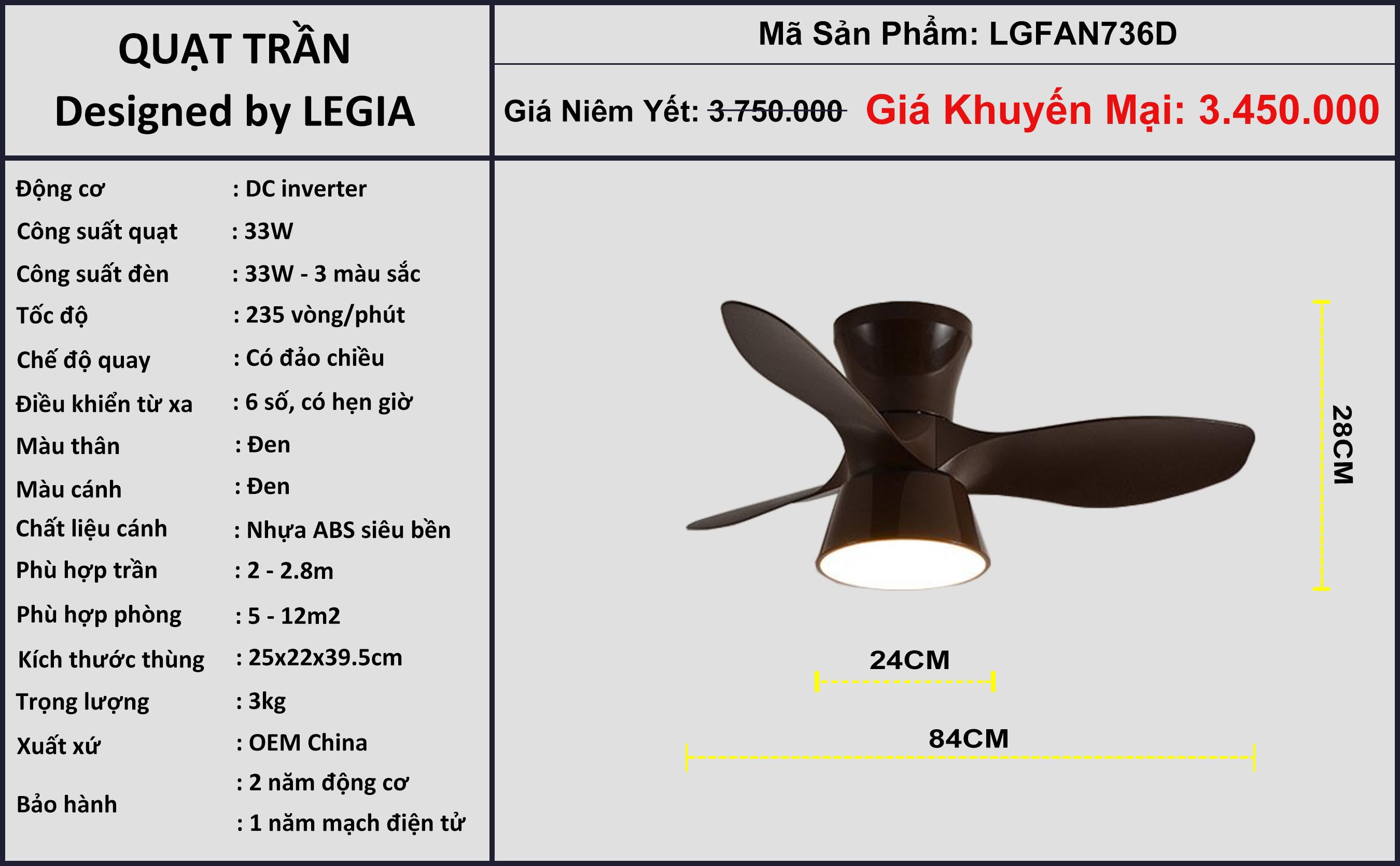 [GIẢM GIÁ SỐC] Quạt Trần Đèn Mini 3 Cánh LÊ GIA LGFAN736T - Chiều Cao 28cm - Sải Cánh 84cm - Bảo Hành 2 Năm