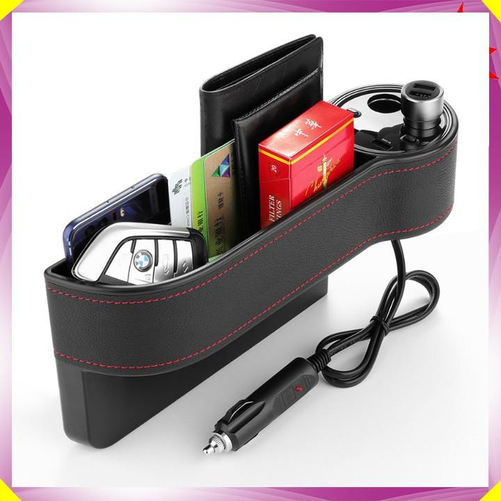 Khay để đồ khe ghế kiêm bộ chia tẩu sạc đa năng cao cấp - Mã: C15 - Màu Đen