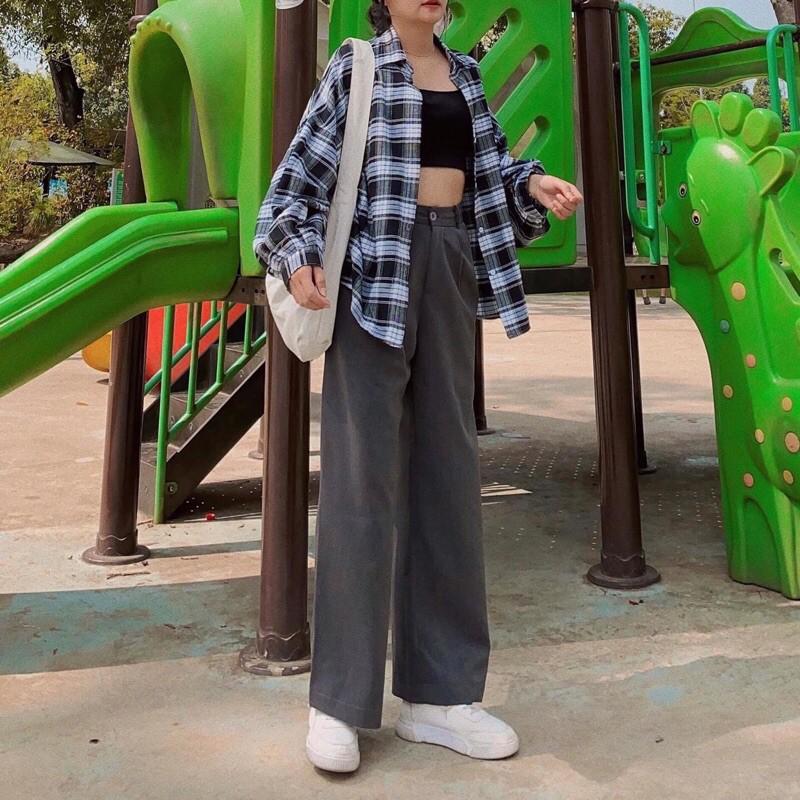 Sơ mi caro den tay chuông