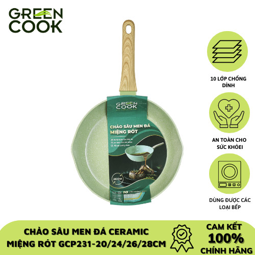 Chảo nhôm sâu men đá ceramic miệng rót Green Cook GCP231 màu xanh 10 lớp chống dính sử dụng được trên tất cả các loại bếp - greencook