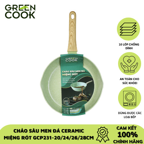 Chảo nhôm sâu men đá ceramic miệng rót Green Cook GCP231-24IH màu xanh 10 lớp chống dính sử dụng được trên tất cả các loại bếp - greencook