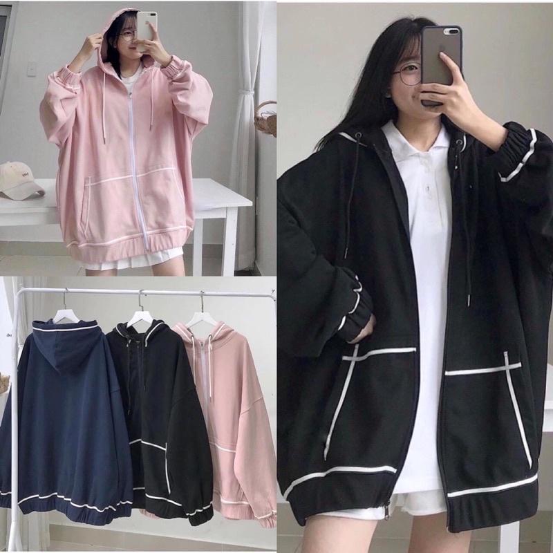 Áo Khoác Hoodie Tay Bồng Chạy Viền 3 Màu So Hot  Áo Nỉ Nữ Khóa Kéo Kèm Mũ