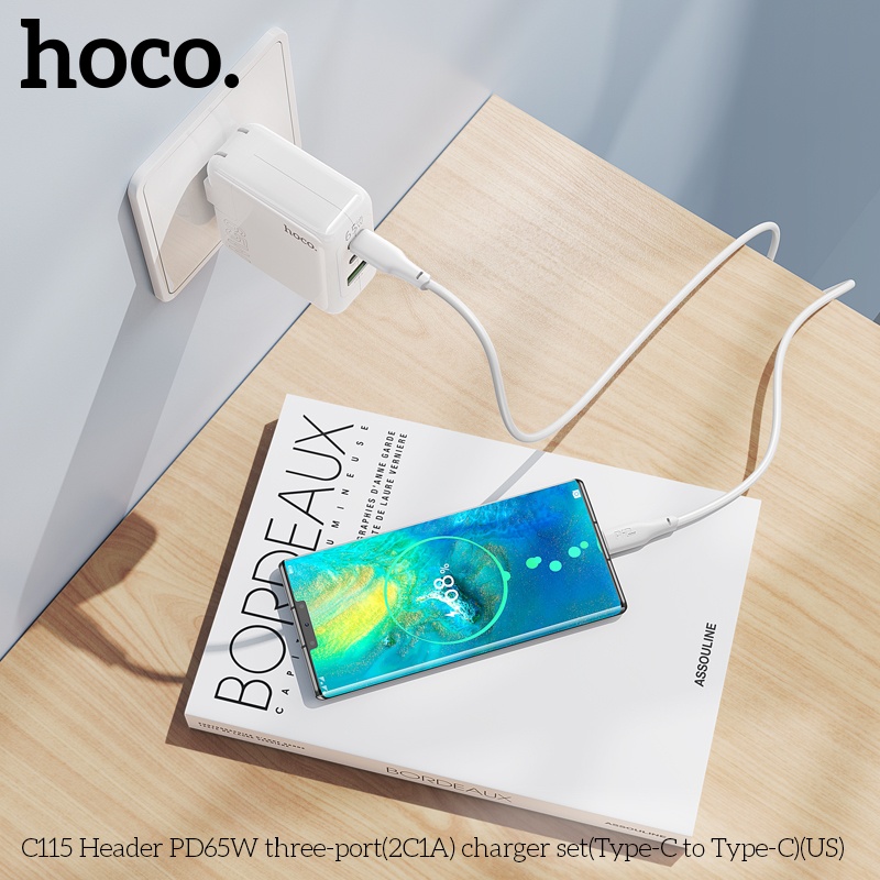 Bộ sạc nhanh 65W chân sạc Typec cao cấp cho điện thoại tiện lợi với 2 cổng type-C, 1 cổng USB an toàn chống cháy nổ  - Hàng nhập khẩu
