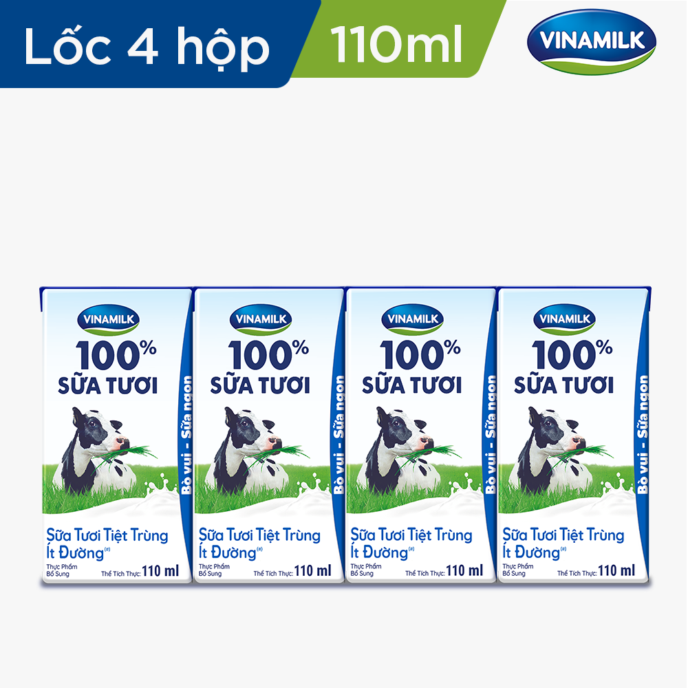 COMBO 6 LỐC SỮA TƯƠI TIỆT TRÙNG VINAMILK 100% ÍT ĐƯỜNG - LỐC 4 HỘP X 110ML