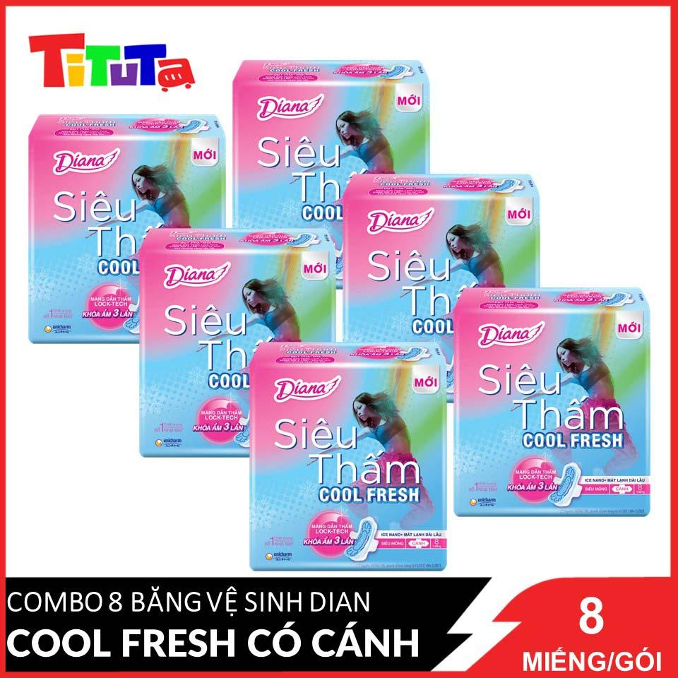 COMBO 6 Băng vệ sinh Diana Siêu thấm Cool Fresh 8 miếng/gói X6
