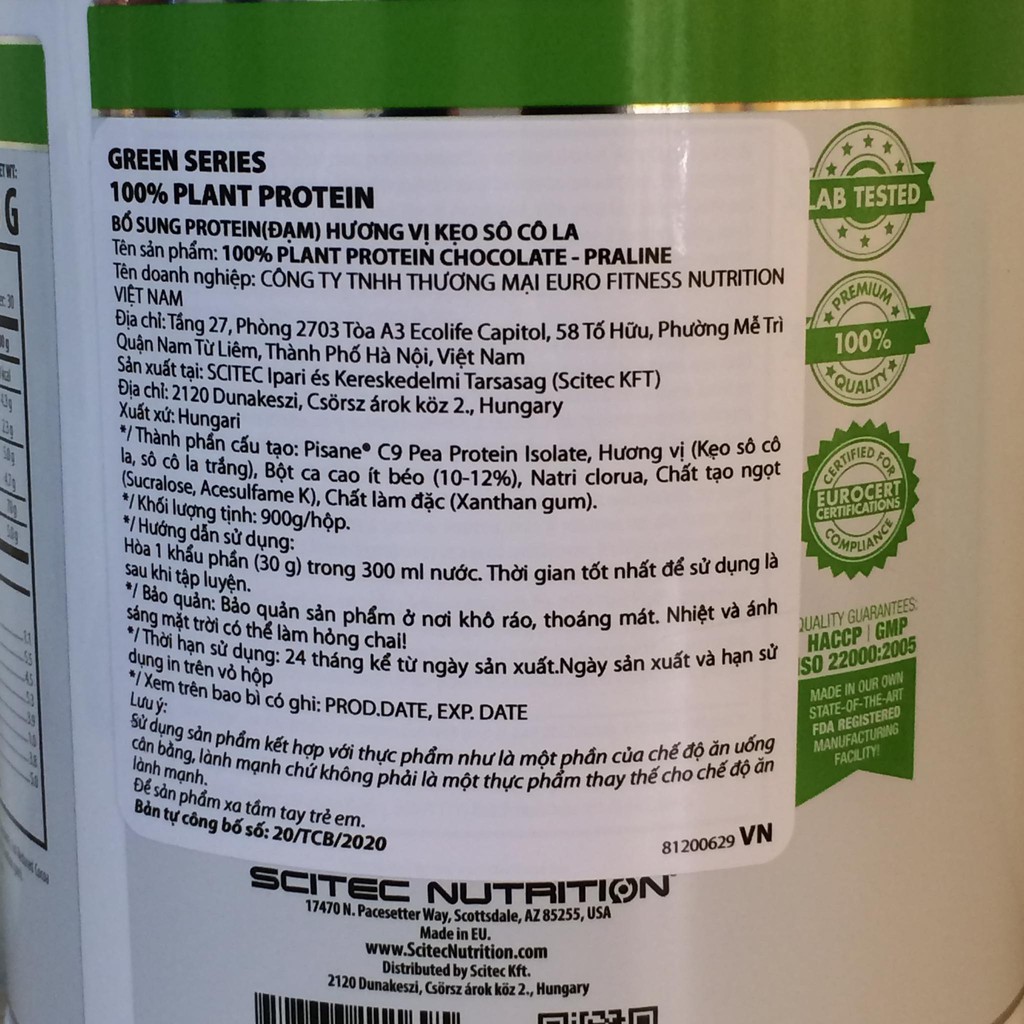 Sữa tăng cơ 100% Plant Protein - Scitec Nutrition - Thuần Chay, Bổ Sung Đạm Cho Người Ăn Chay Hoặc Dị Ứng Sữa