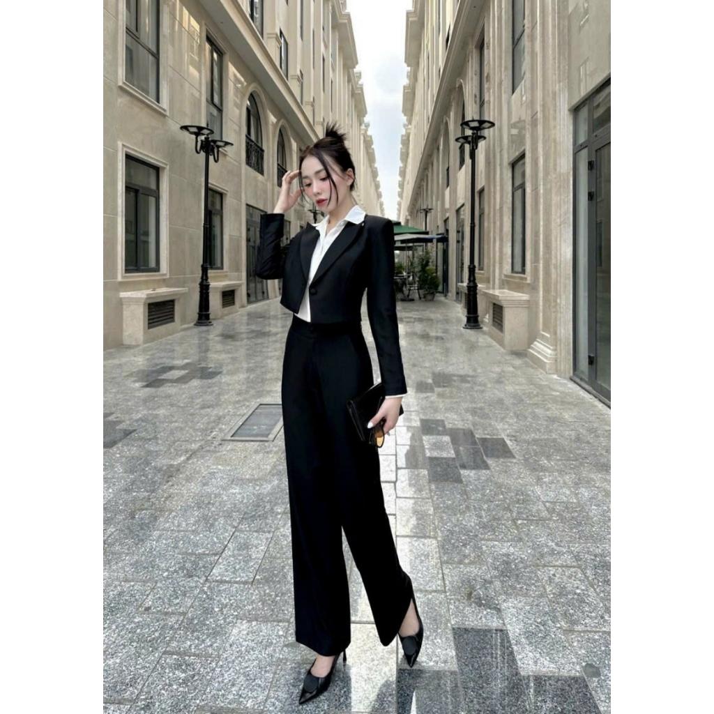 Set Bộ Vest Áo Croptop Quần Ống Suông Sang Trọng