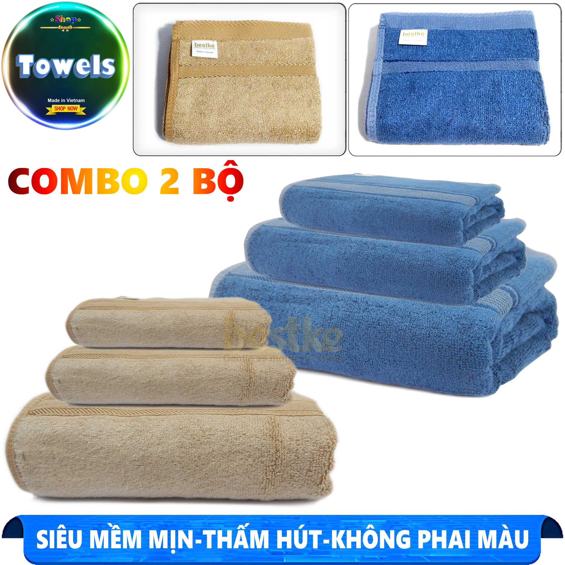 Khăn sợi tre, Combo 2 bộ 6 khăn bamboo khăn tắm khăn gội khăn mặt bestke màu blue và nâu, khăn đẹp xuất khẩu