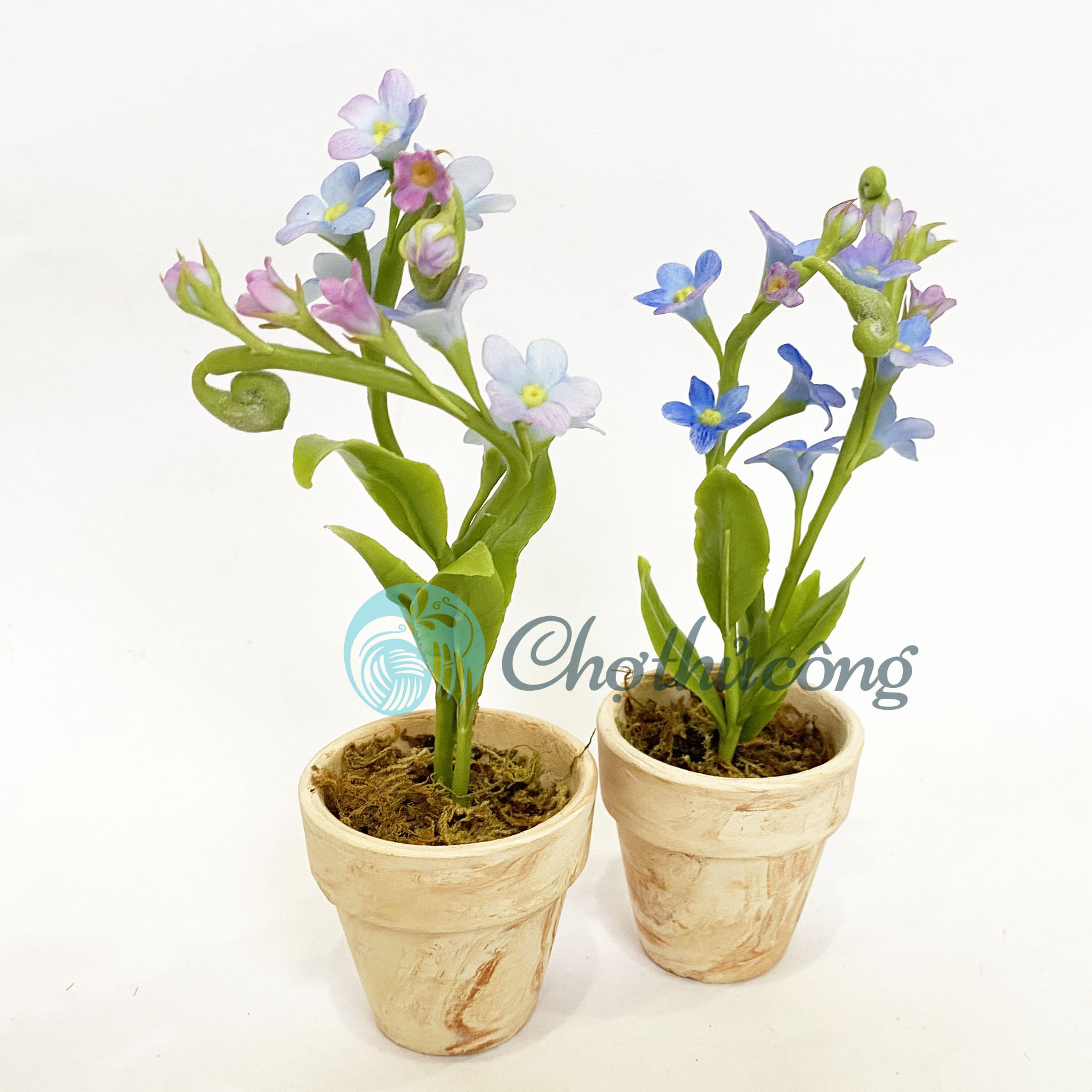 Chậu hoa lưu ly forget me not đất sét mini Nhật Thái, chậu cây mini hoa handmade - chậu hoa giả để bàn, quà tặng handmade