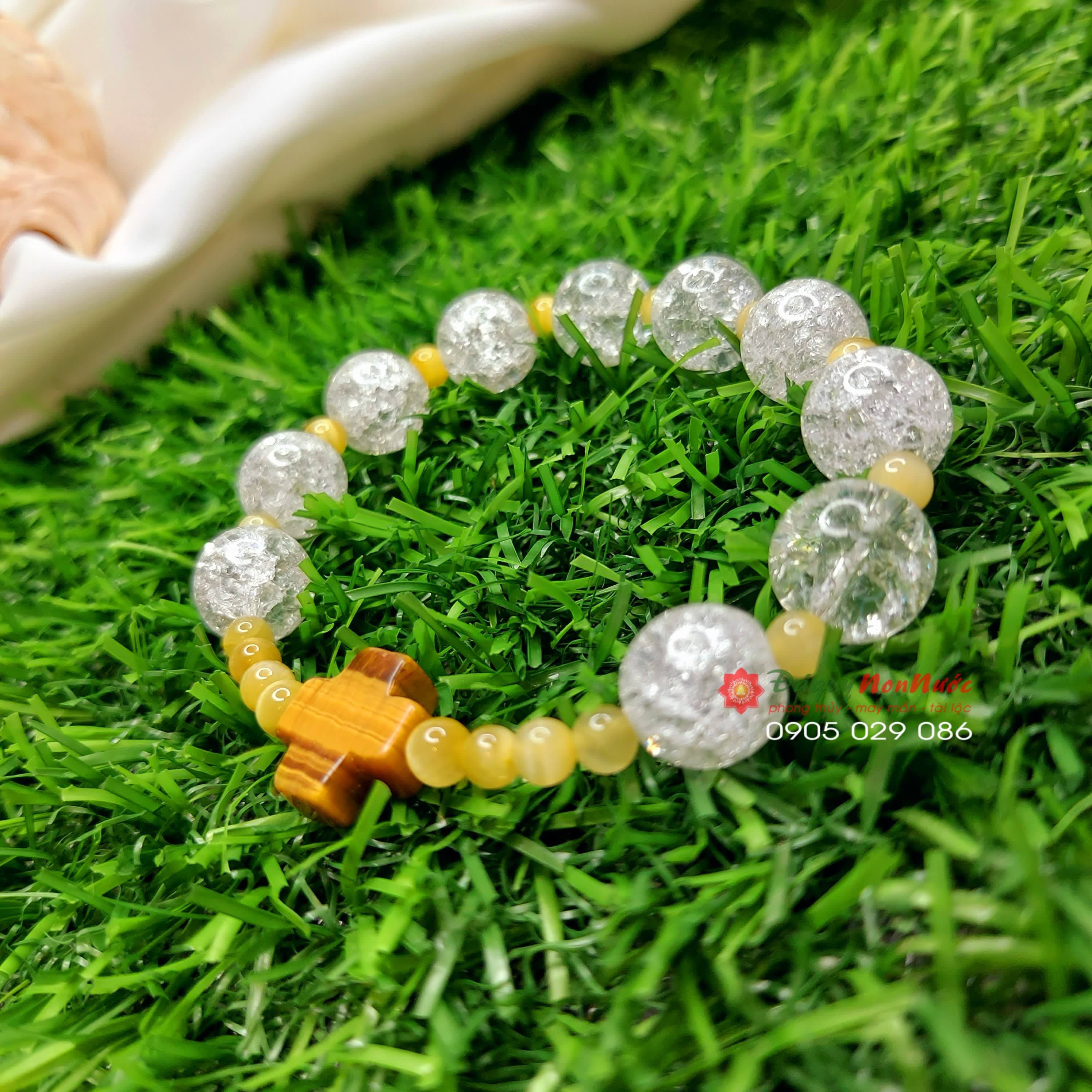 Chuỗi mân côi pha lê trắng mix thánh giá đá măt hổ