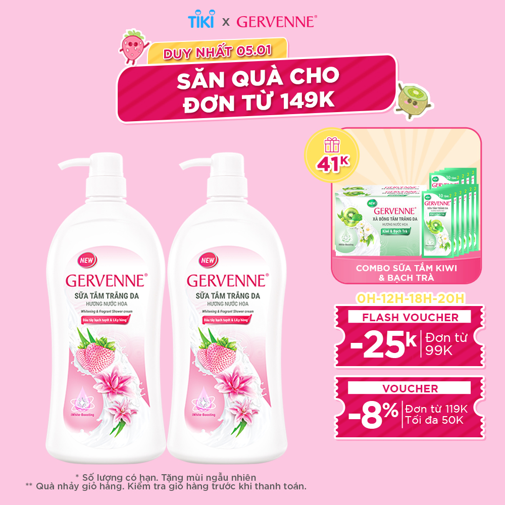 Combo 2 Sữa tắm trắng da hương nước hoa Gervenne Dâu Tây Bạch Tuyết và Lily Hồng 900g/chai