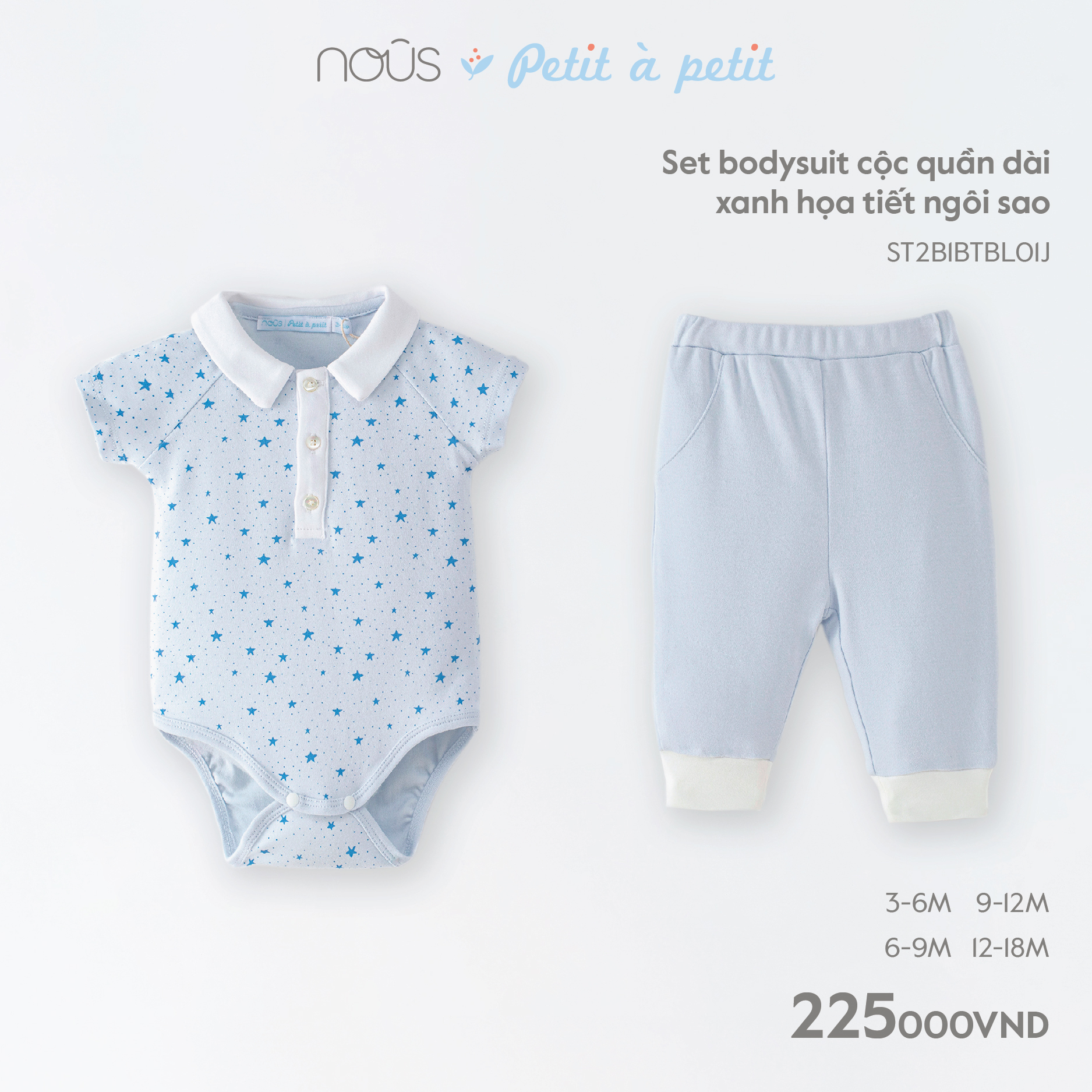 Bộ quần áo cộc liền thân Nous màu xanh, trắng chất liệu Nu Petit mềm nhẹ (Size Từ 0-3 Tháng Đến 12-18 Tháng)