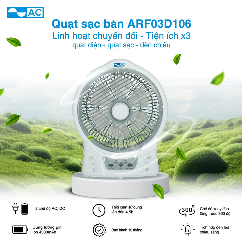 Quạt sạc tích điện để bàn AC ARF03D106 có đèn led - Hàng chính hãng