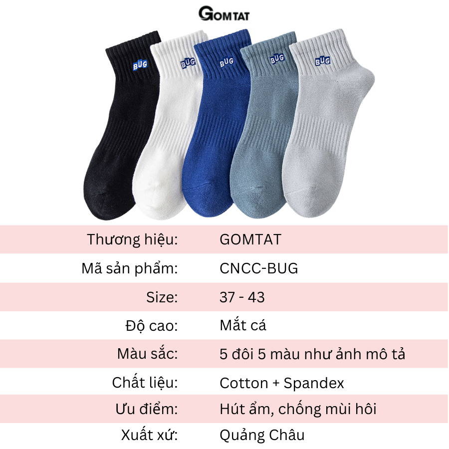 Set 5 đôi tất vớ nam cổ ngắn GOMTAT cao cấp mẫu Bug, chất liệu cotton mềm mại thoáng mát cực êm chân - CNCC-BUG