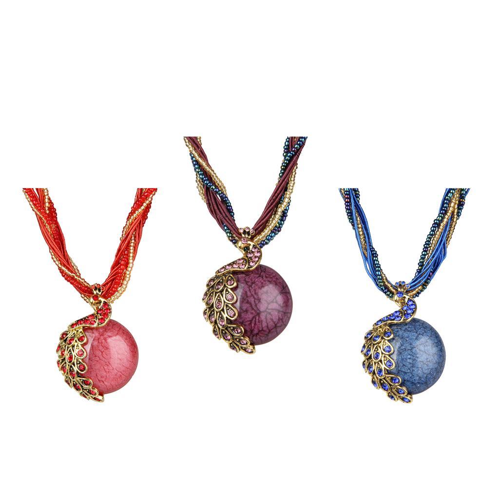 Bohemian Opal Necklace with Phoenix Peacock Pendant Jewel Accessory Red