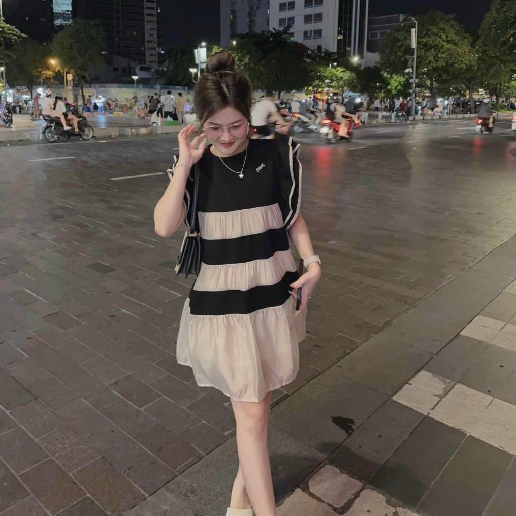 Đầm suông babydoll tay bèo lụa phối voan tơ