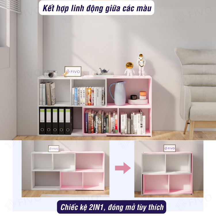 Kệ Trang Trí Thông Minh FIVO FB72 Màu Hồng, Thiết Kế Hiện Đại 2IN1 Đóng Mở Tùy Thích, Tiết Kiệm Diện Tích