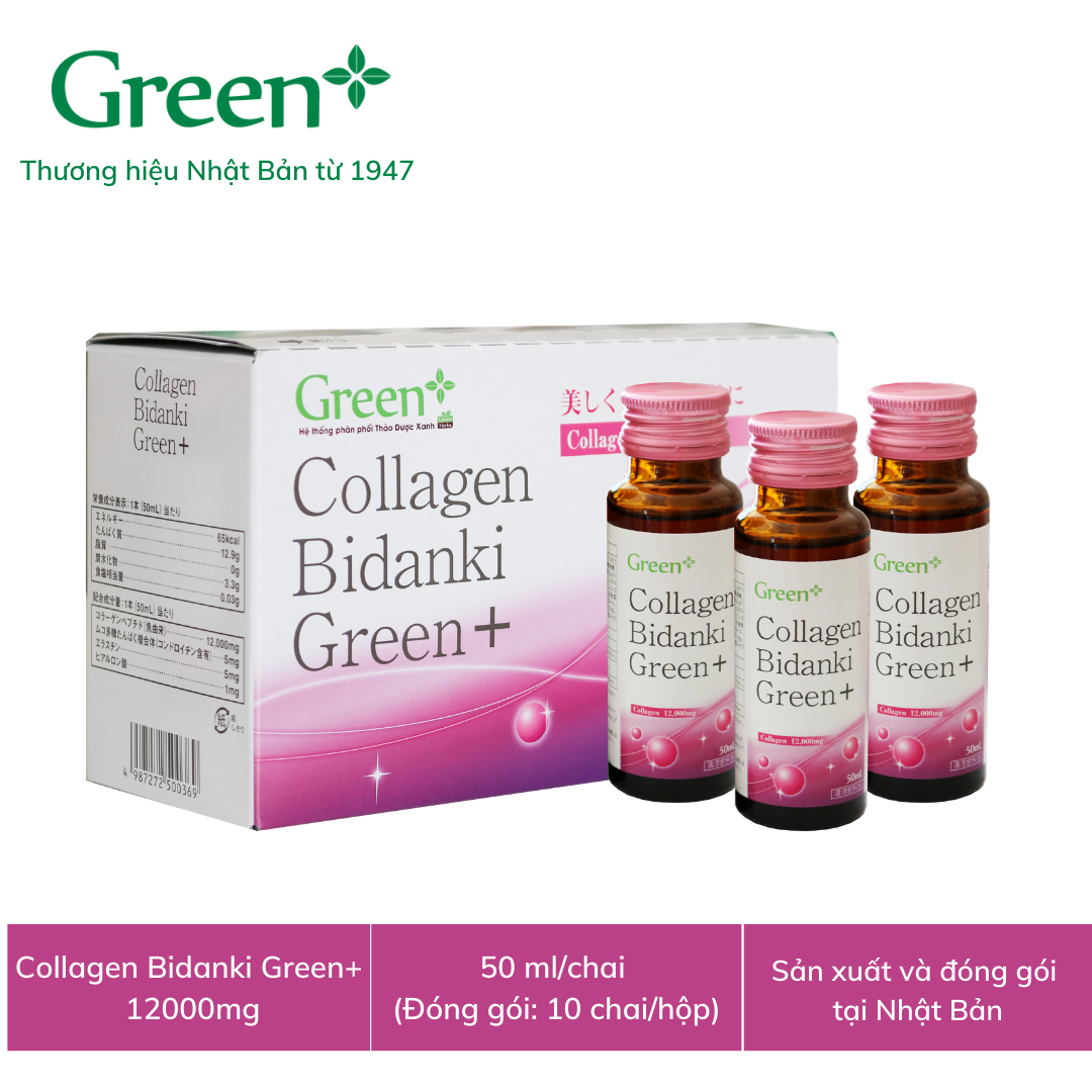 Nước uống đẹp da Collagen Nhật Bản - Collagen Bidanki Green+ 12.000mg Collagen peptide từ cá