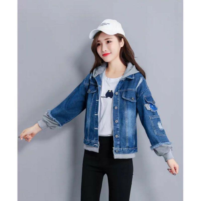 Áo khoác jeans phối nón nỉ xám nam nữ