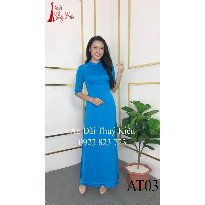 Áo dài Thúy Kiều trơn lụa Tây Thi cổ tàu màu xanh nước biển AT03