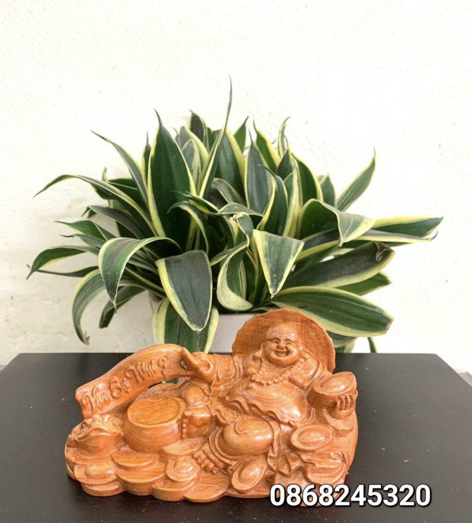 Tượng phật di lặc kim tiền mini để xe ôtô bằng gỗ hương đá kt 15×8×8cm
