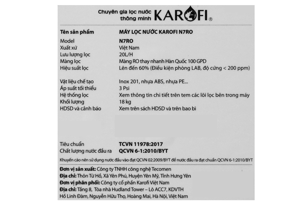 Máy Lọc Nước RO Karofi N7RO - Hàng Chính Hãng