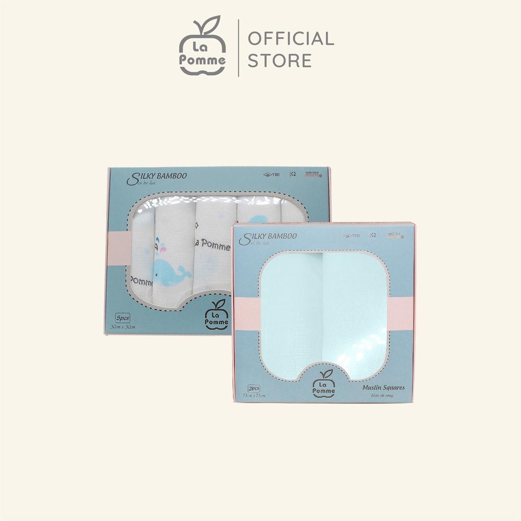 Combo 2 K001 Set 5 Khăn sữa (30x30cm) Cá heo + K002 Set 2 Khăn đa năng sợi tre lụa La Pomme (75x75cm) - Xanh Pastel