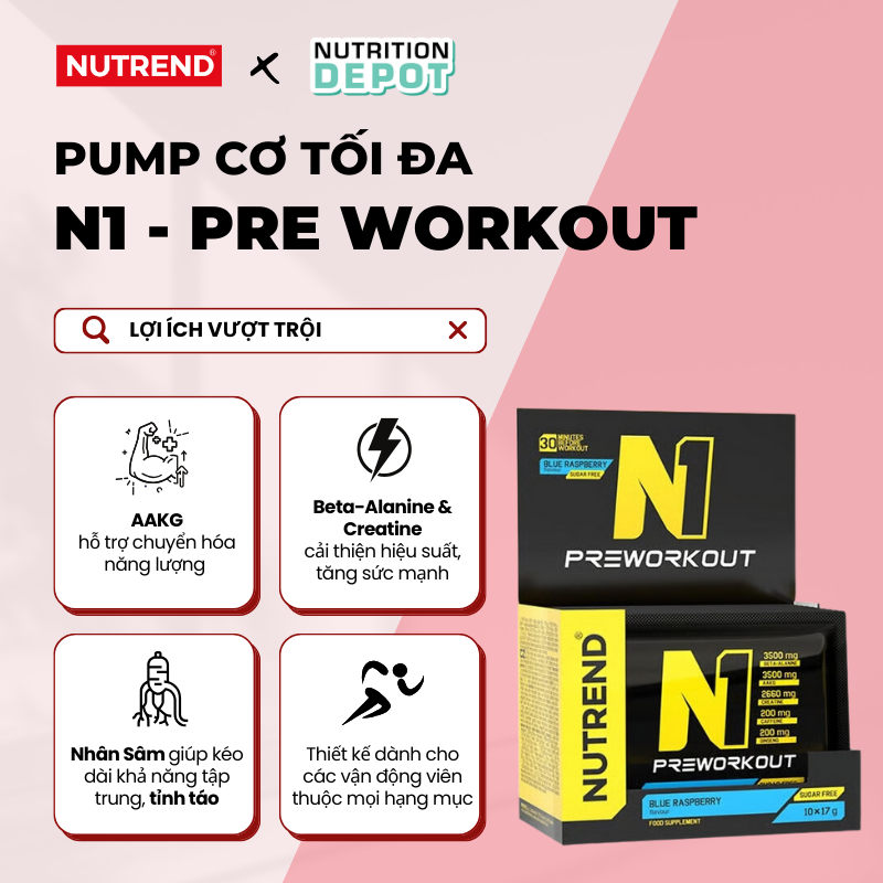 Thực phẩm bổ sung năng lượng trước khi luyện tập Nutrend N1 Strong Stimulating Pre-Workout - (Box 10 packs ) - Nutrition Depot Vietnam
