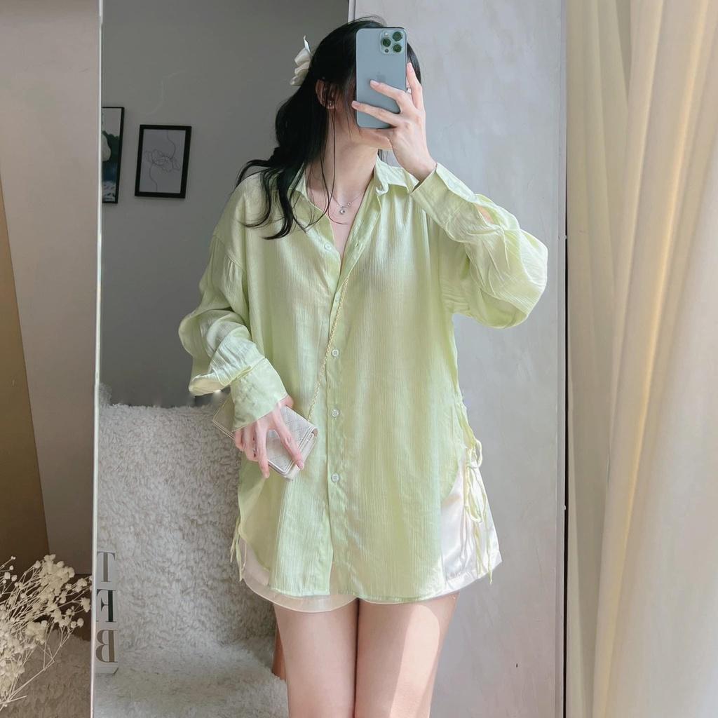 Set áo sơmi xanh bơ cột dây phối quần suông trắng