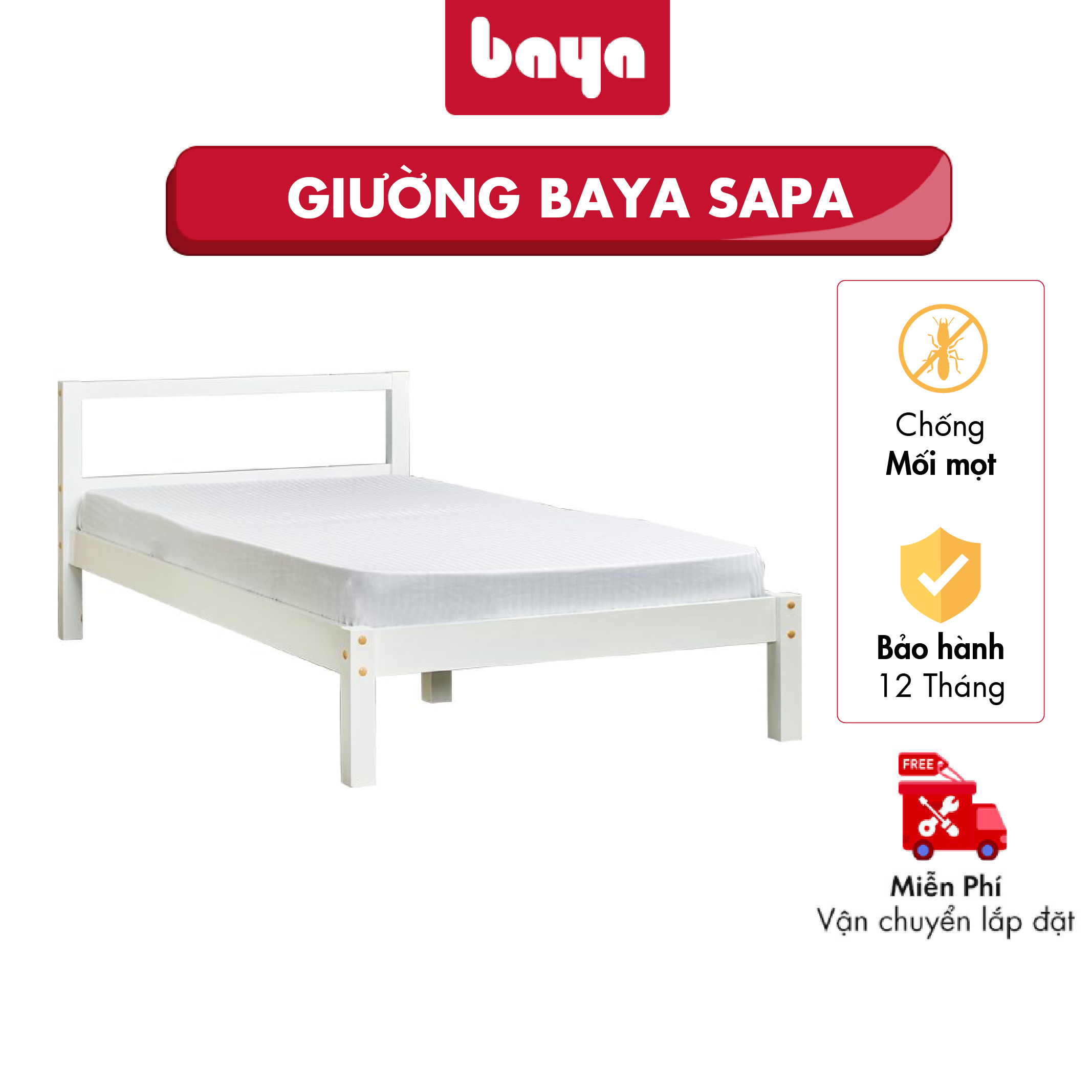 Giường Ngủ Đơn BAYA SAPA Kích Thước L194xW97xH30 Làm Từ Gỗ Keo Với Độ Bền Cao Màu Trắng Trang Nhã 7100038