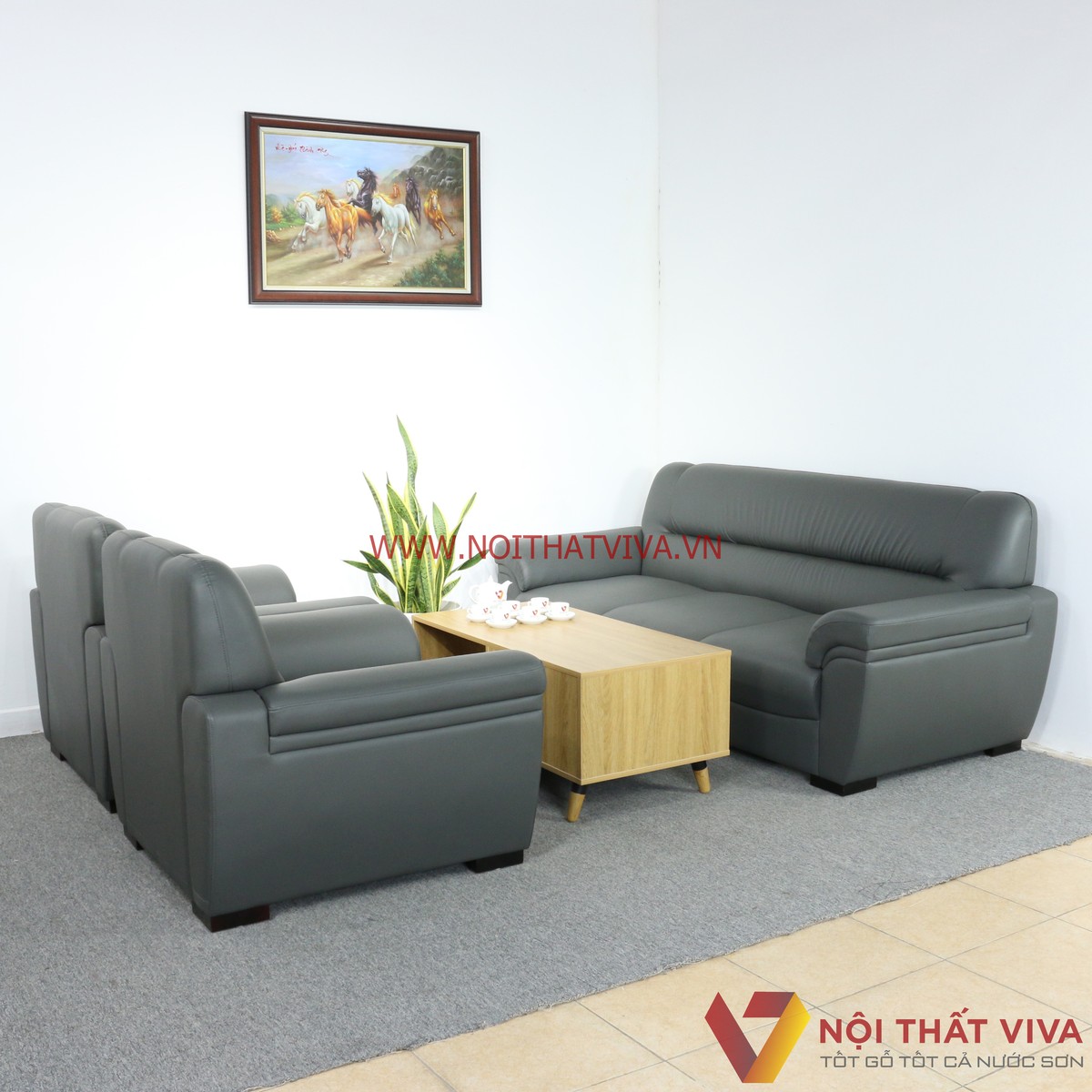 Bộ Sofa Bọc Da Kiểu Đối Màu Xanh Đen Bàn Gỗ MDF Đẹp Hiện Đại