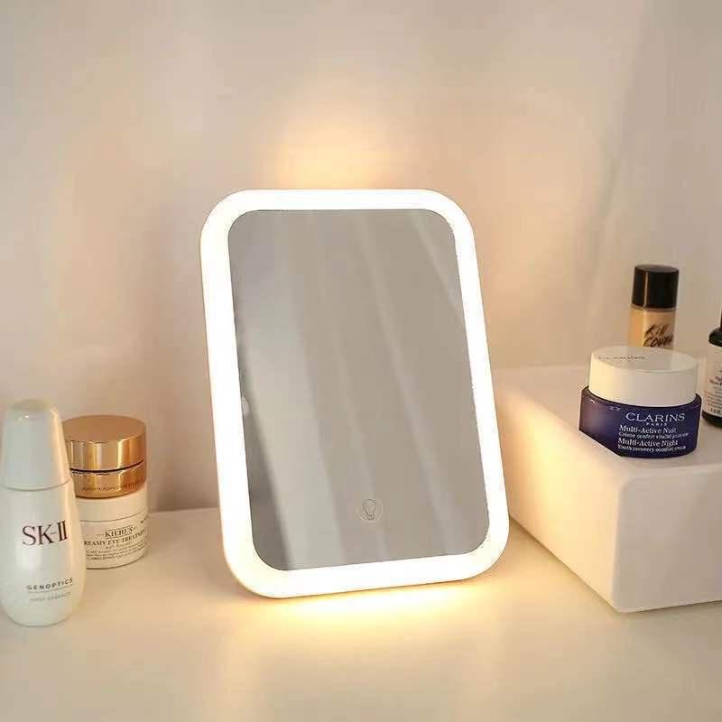 Gương để bàn cảm ứng đèn LED với 3 chế độ màu, Gương trang điểm mini cao cấp