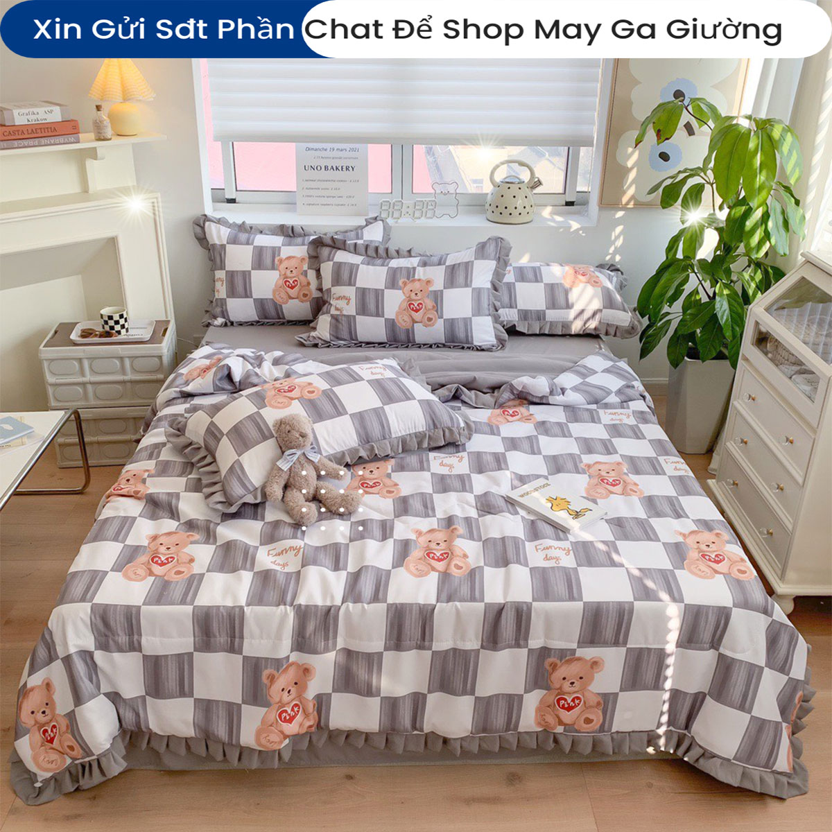 Bộ Chăn Ga Gối Đệm Hè Cotton Tici ANNA NGUYÊN Drap Giường Cotton Cao Cấp Mẫu Kẻ Ô Bo Chun Drap