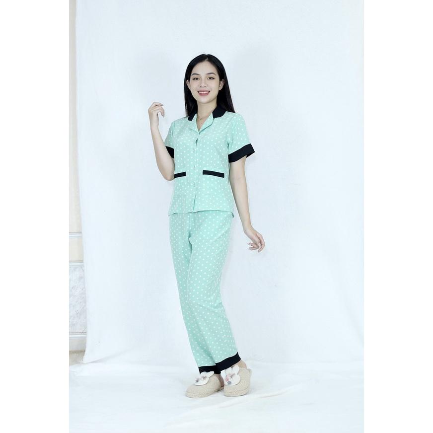 Bộ đồ bộ Pijama CHẤM BI XANH NGỌC PHA CỔ CỰC XINH vải siêu lụa