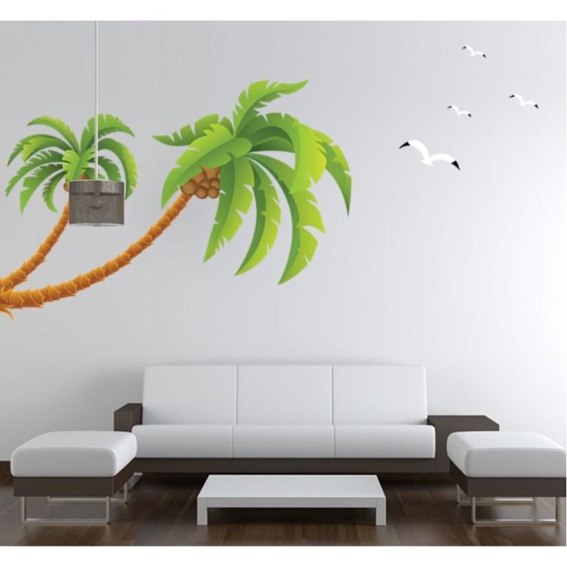 Decal trang trí tường - Cây Dừa Bãi Biển Xanh Lá size lớn