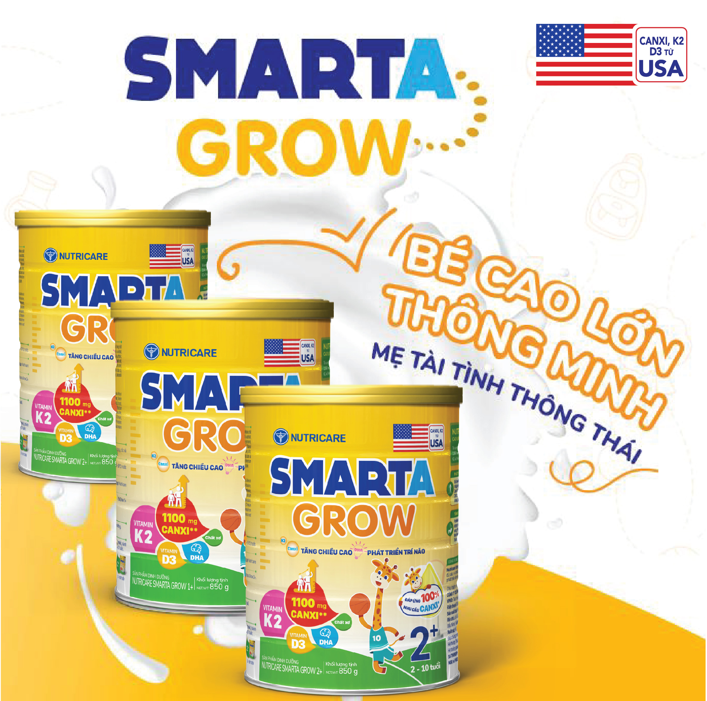 [Tặng 2 lọ yến] Sữa bột Nutricare Smarta Grow 0+ dinh dưỡng cho trẻ thấp còi 800g