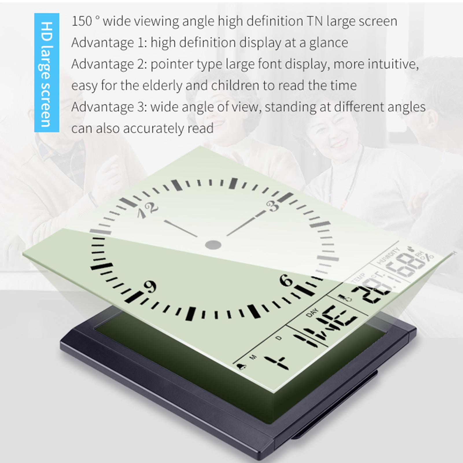Đồng hồ hình vuông hiện đại và đơn giản, màn hình lớn, độ nét cao, góc nhìn rộng, 150 độ. Hiển thị thời gian, lịch, tuần, nhiệt độ và độ ẩm.