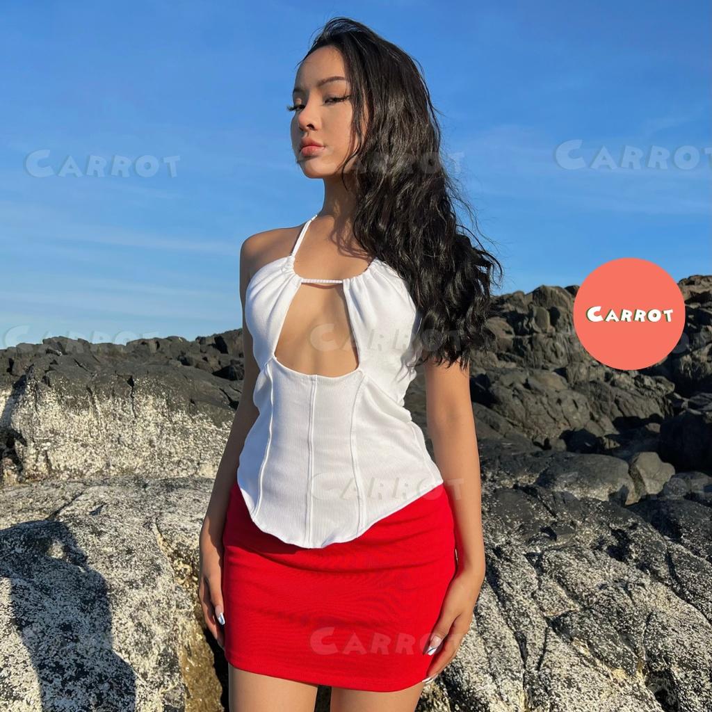 Áo croptop thiết kế khoét ngực tôn dáng chân váy ngắn ôm body cột đi biển đi du lịch carrotxinhdep chất cao cấp co giãn